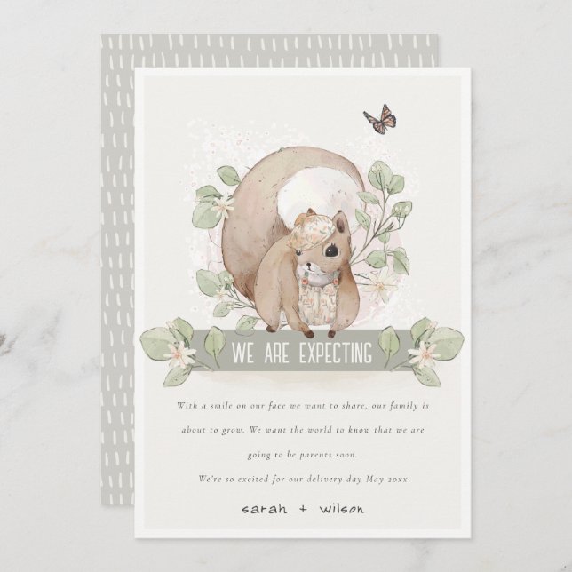 Niedliche Woodland Floral Squirrel Baby Ankündigun Einladung (Vorne/Hinten)