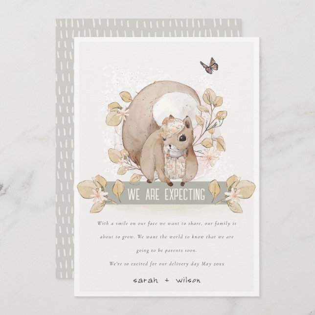 Niedliche Woodland Floral Squirrel Baby Ankündigun Einladung (Vorne/Hinten)