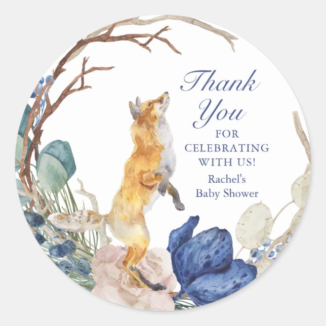 Niedliche Woodland Fox Aquarell Blütendusche Runder Aufkleber (Vorderseite)