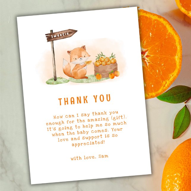 Niedliche Woodland Fox Citrus Orange Farm Baby Dus Dankeskarte (Cute Woodland Fox Citrus Orange Farm Baby Shower Thank You Card)