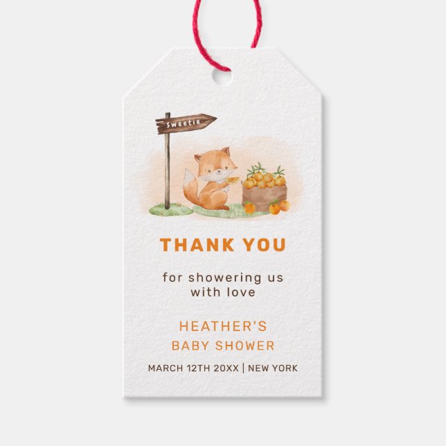 Niedliche Woodland Fox Citrus Orange Farm Baby Dus Geschenkanhänger (Vorderseite)