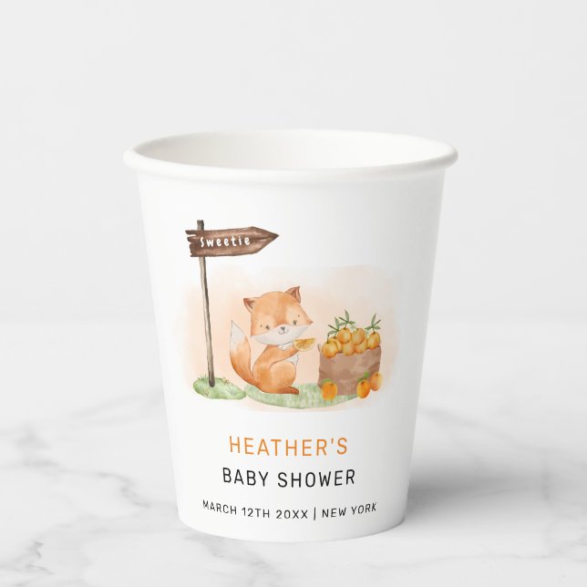 Niedliche Woodland Fox Citrus Orange Farm Baby Dus Pappbecher (Vorderseite)