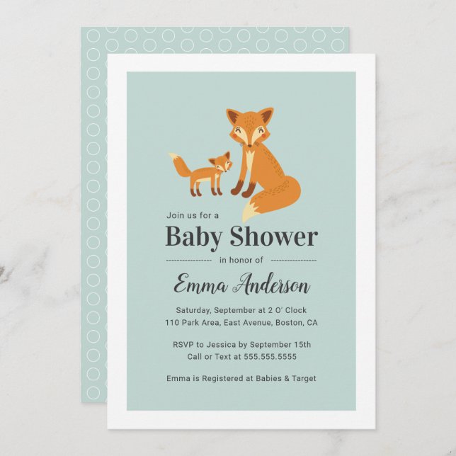 Niedliche Woodland Fox Kinderdusche Einladung - Ju (Vorne/Hinten)