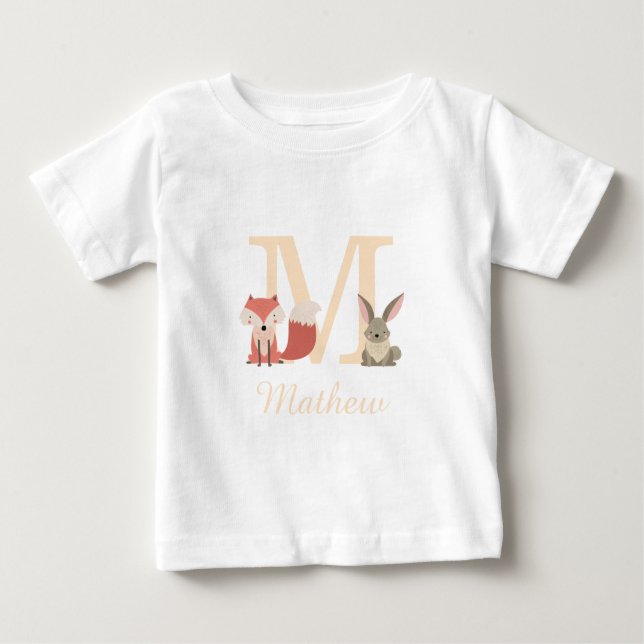 Niedliche Woodland Fox Rabbit Baby Monogram Baby T-shirt (Vorderseite)