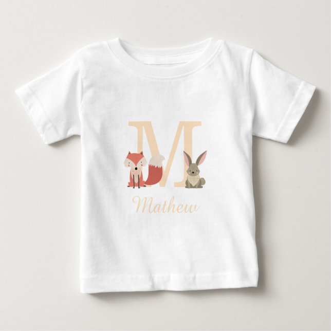 Niedliche Woodland Fox Rabbit Baby Monogram T-shirt (Vorderseite)