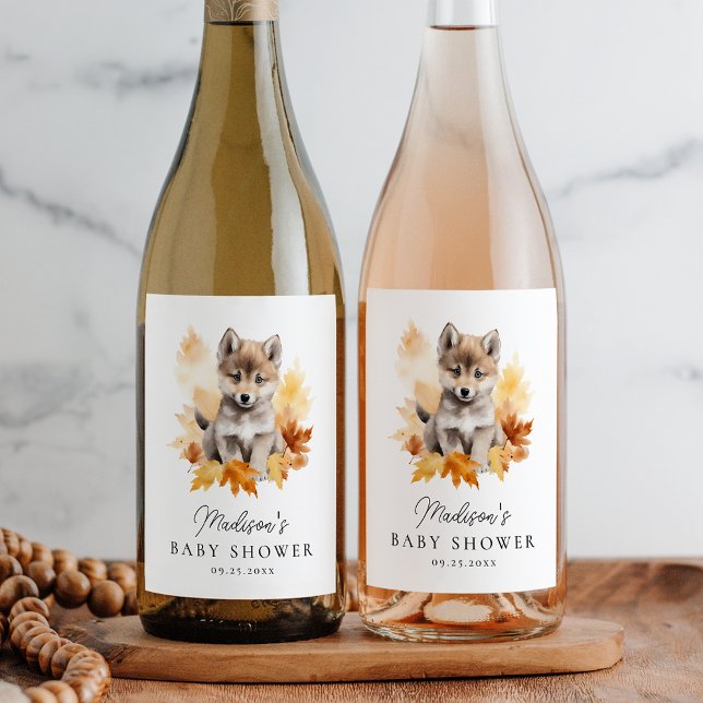 Niedliche Woodland Wolf Fall Babydusche Weinetikett (Von Creator hochgeladen)