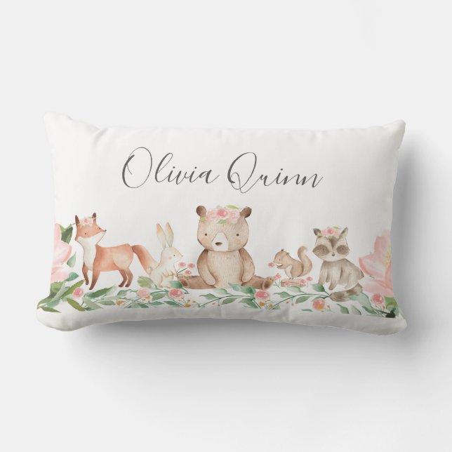 Niedliche Woodlandtiere Pink Baby Lendenkissen (Vorderseite)