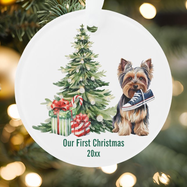 Niedliche Yorkie Dog Pine Tree Weihnachten Wasserf Ornament (Von Creator hochgeladen)
