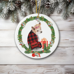 Niedliche Yorkie im Weihnachtskranz Keramik Ornament
