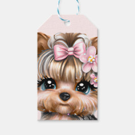 Niedliche Yorkie mit rosa Bow Geschenkanhänger
