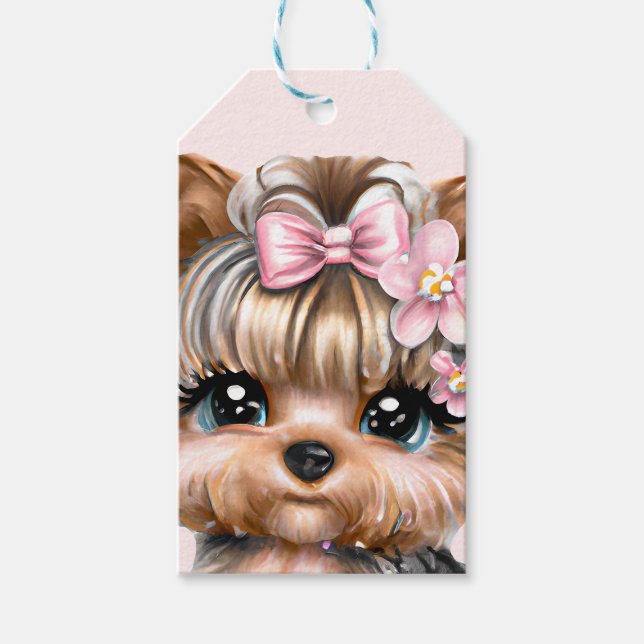 Niedliche Yorkie mit rosa Bow Geschenkanhänger (Vorderseite)
