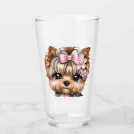 Niedliche Yorkie mit rosa Bow Glas