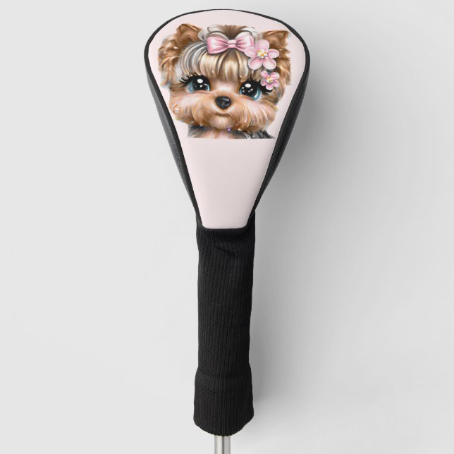 Niedliche Yorkie mit rosa Bow Golf Headcover (Vorderseite)