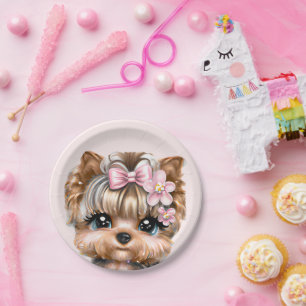 Niedliche Yorkie mit rosa Bow Pappteller