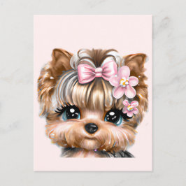 Niedliche Yorkie mit rosa Bow Postkarte
