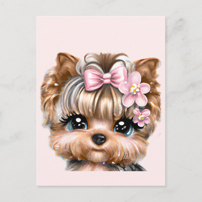 Niedliche Yorkie mit rosa Bow Postkarte (Vorderseite)