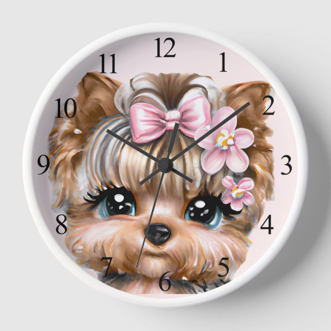 Niedliche Yorkie mit rosa Bow Uhr (Vorderseite)