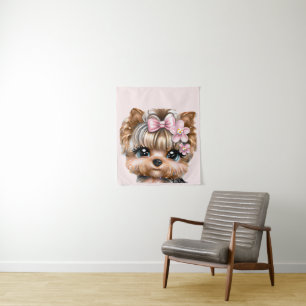 Niedliche Yorkie mit rosa Bow Wandteppich