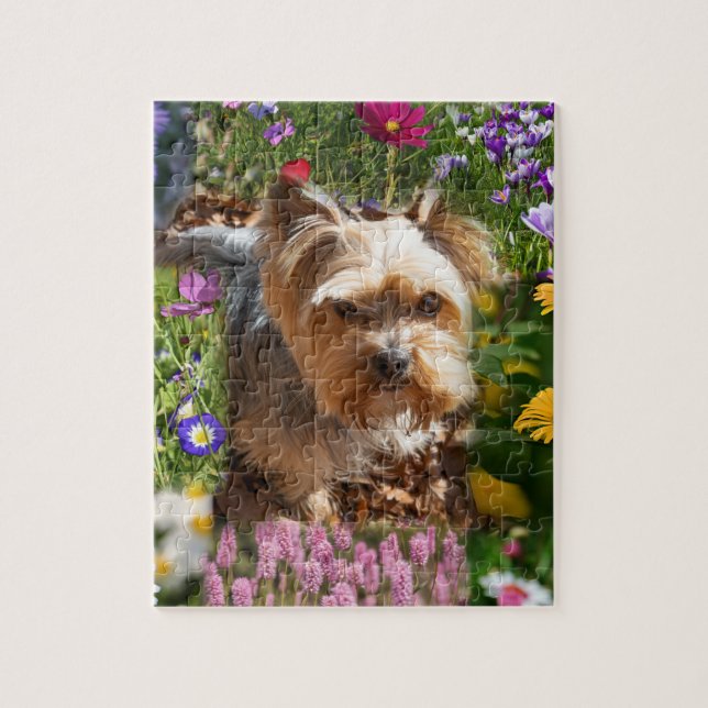 Niedliche Yorkshire Terrier Welpe & farbige Blume Puzzle (Vertikal)