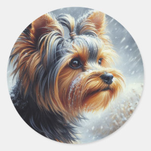 Niedliche Yorkshire Terrier Winterlandschaft Runder Aufkleber