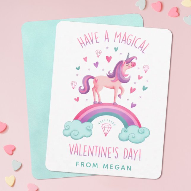 Niedliche Zauber-Einhorn-Valentinstag-Flachnotiska Mitteilungskarte (Personalize this cute unicorn Valentine's Day card for your girls classroom exchange.)