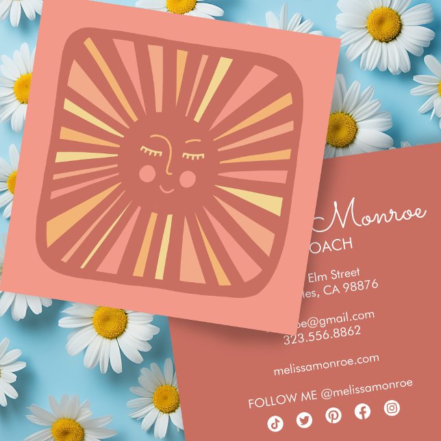 Niedliche, zauberhafte, farbenfrohe Sonne Quadratische Visitenkarte (Glowing Sun Cute and Charming Colorful Pink Square Business Card
)