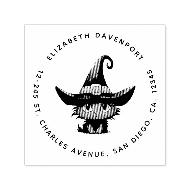 Niedliche Zauberkatze, die eine Hexenhutadresse tr Permastempel (Design)