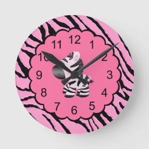 Niedliche Zebra- und Rosa- sowie Schwarz-Tier-Prin Runde Wanduhr