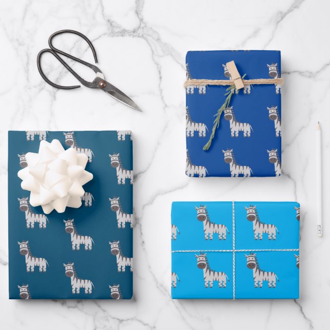 Niedliche Zebra Zoo Tiere Schwarz-weiß Blue Geschenkpapier Set (Vorderseite)