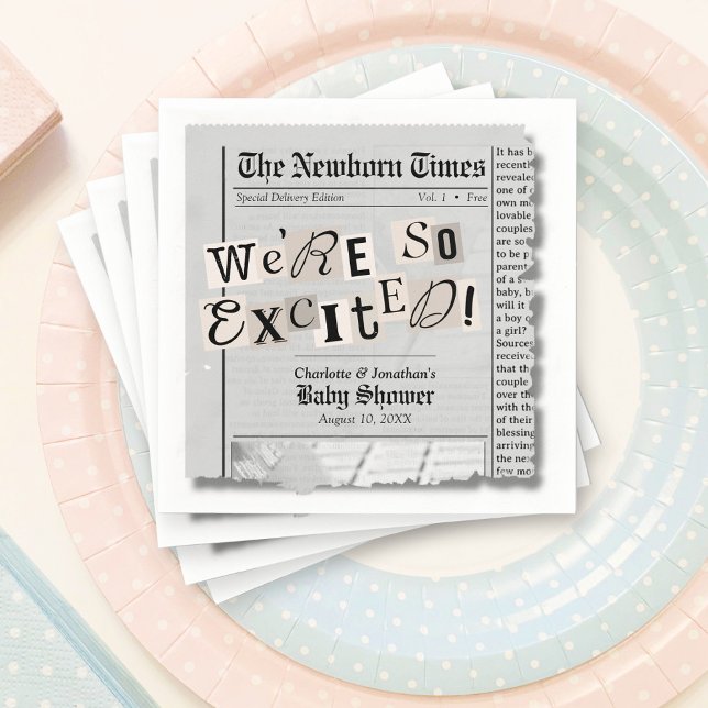 Niedliche Zeitung The Newborn Times Baby Shower Serviette (Cute The Newborn Times newspaper gender neutral baby shower paper napkins, table decorations)