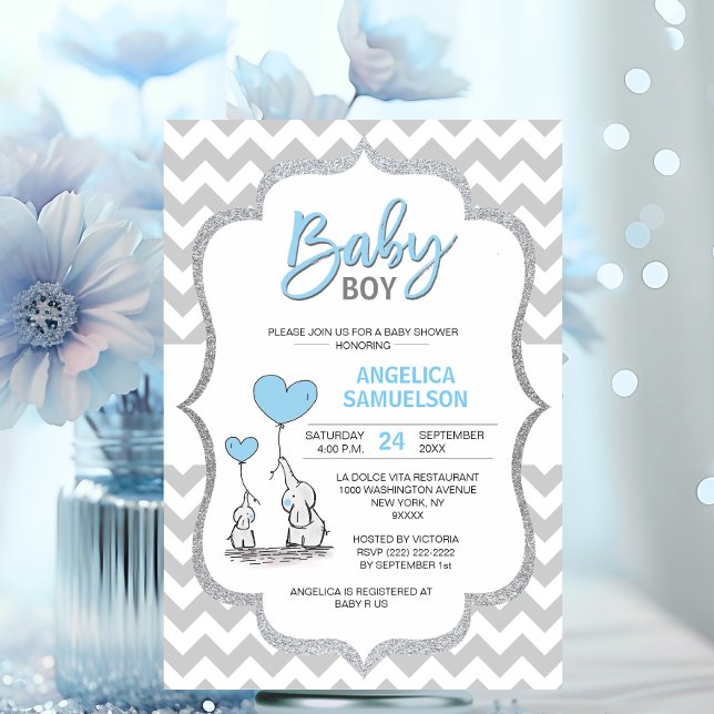 Niedliche Zickzack Blue Grey Elephant Baby Shower  Einladung (Cute Chevron Blue Grey Elephant Baby Shower BOY Invitation)