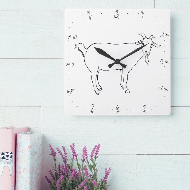 Niedliche Ziege-Einfache Linie Zeichnend Tierkunst Quadratische Wanduhr (Simple goat drawing black and white quirky farm animal art wall clock)