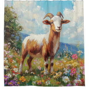 Niedliche Ziege farbenfrohe Wildblume Wiese Duschvorhang