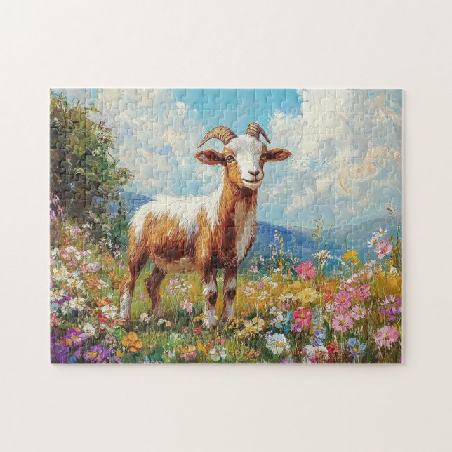 Niedliche Ziege farbenfrohe Wildblume Wiese Puzzle (Horizontal)