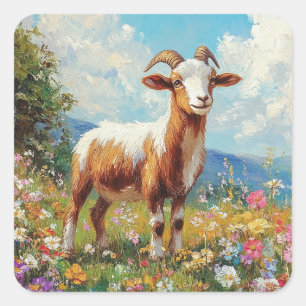 Niedliche Ziege farbenfrohe Wildblume Wiese Quadratischer Aufkleber