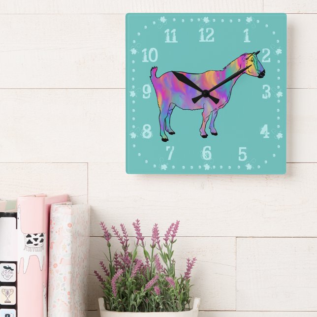 Niedliche Ziegenfarbe Tierart Quadratische Wanduhr (Cute goat colorful animal art wall clock watercolor swash pink purple yellow teal green)