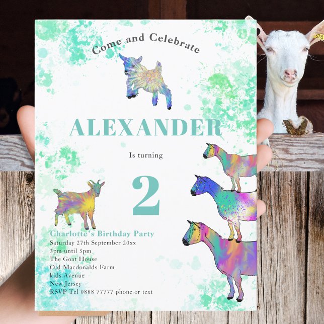 Niedliche Ziegenfarm Tierart 2. Geburtstag Party Einladungspostkarte (Cute goat colorful farm animals watercolor 2nd birthday invitation )