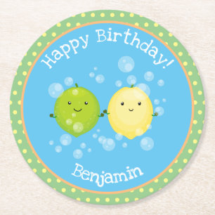 Niedliche Zitronenfreunde Limone Cartoon-Abbildung Runder Pappuntersetzer