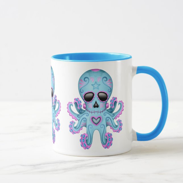 Niedliche Zuckerschädel-Zombie-Krake - Blau Tasse (Rechts)