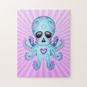 Niedliche Zuckerschädel-Zombie-Krake - blaues Lila Puzzle
