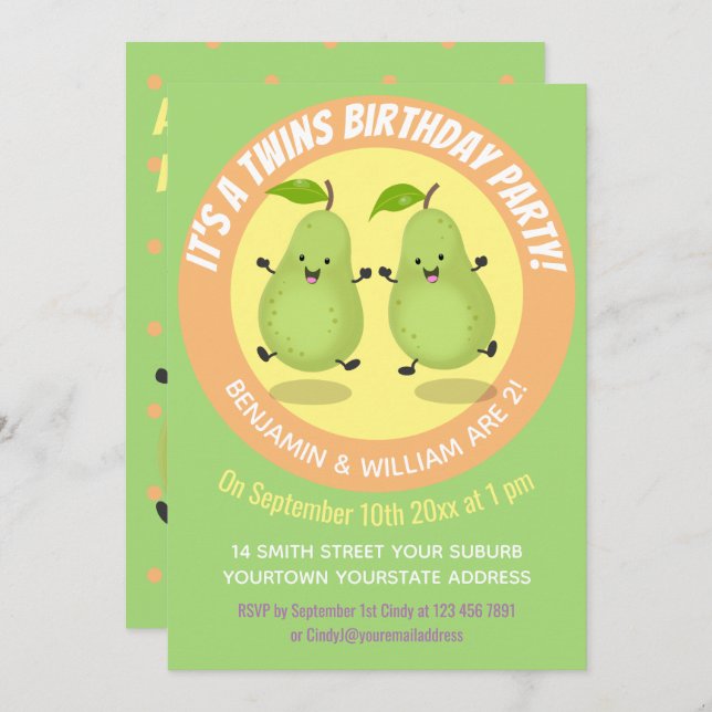 Niedliche Zwillinge Cartoon-Abbildung Einladung (Vorne/Hinten)