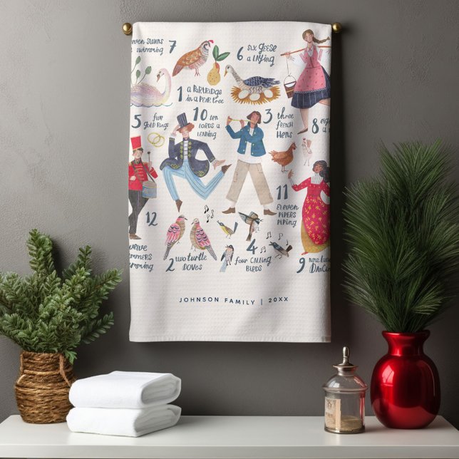 Niedlichen 12 Tage Weihnachts-Klassik Geschirrtuch (12 Days of Christmas Traditional Classic Illustration Tea Towel Holiday gift.)