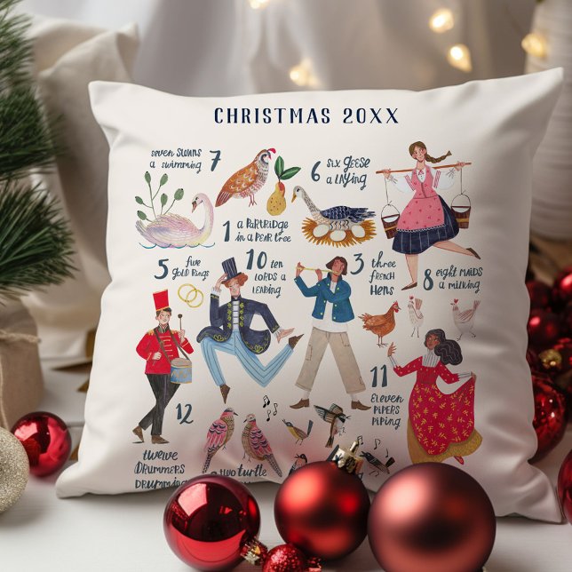 Niedlichen 12 Tage Weihnachts-Klassik Kissen (12 Days of Christmas custom year traditional classic illustration holiday throw pillow decor.)