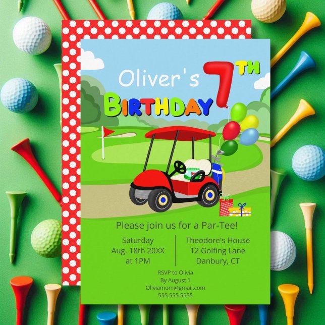 Niedlichen 7. Geburtstag Red Golf Cart Boy's Einladung (Von Creator hochgeladen)