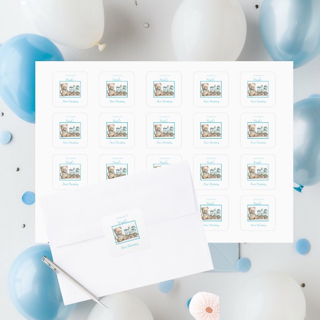 Niedlichen alle an Bord des ersten Jahres Geburtst Quadratischer Aufkleber (All Aboard First Birthday Stickers)