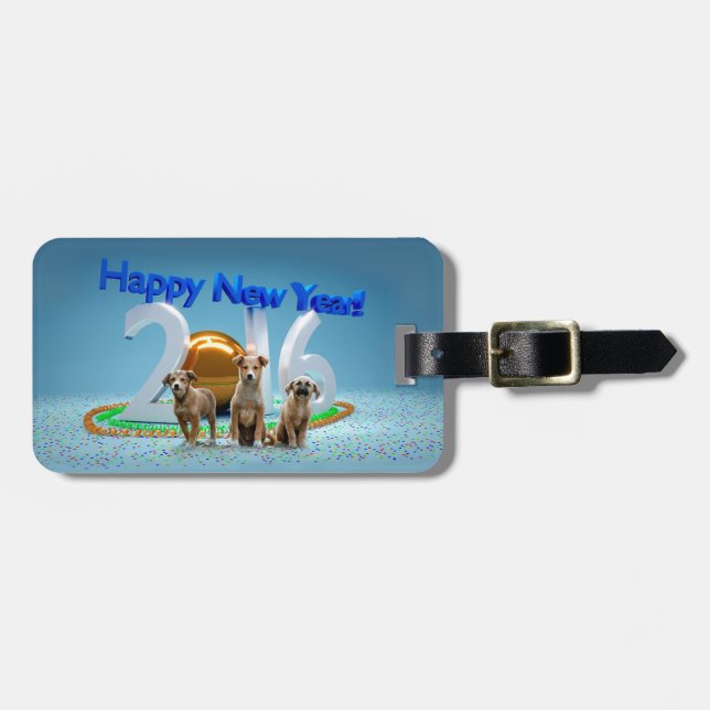 Niedlichen drei Hunde wünschen viel Glück im neuen Gepäckanhänger (Vorderseite horizontal)