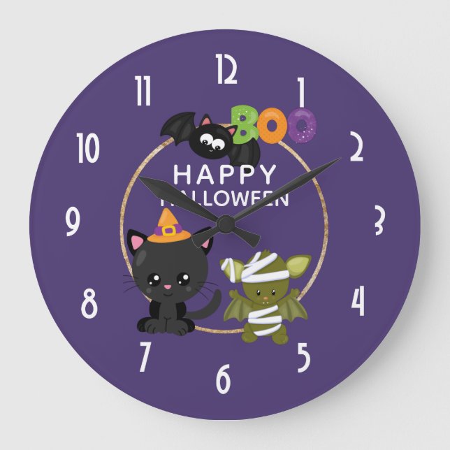 Niedlichen Halloween Cat, Bat & Mummy Boo Große Wanduhr (Vorderseite)