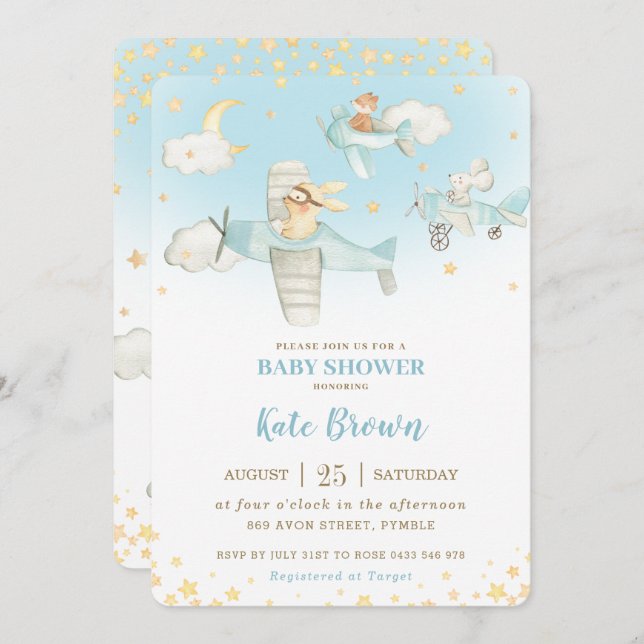 Niedlichen Tiere Airplanes Stars Sky Baby Shooter  Einladung (Vorne/Hinten)