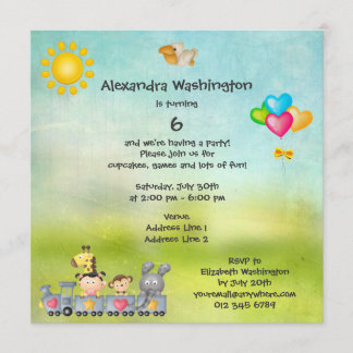 Niedlichen Tiere & Girl in Zügen Geburtstagsparty Einladung