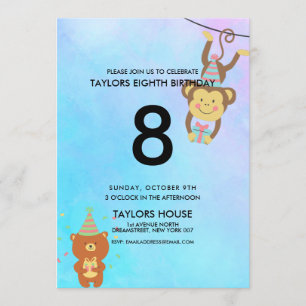 Niedlichen Tiere Watercolor Custom Birthday Party Einladung